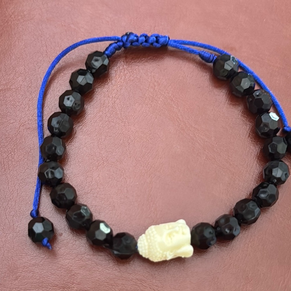 Black and Blue Beaded Bracelet with Buddha Charm